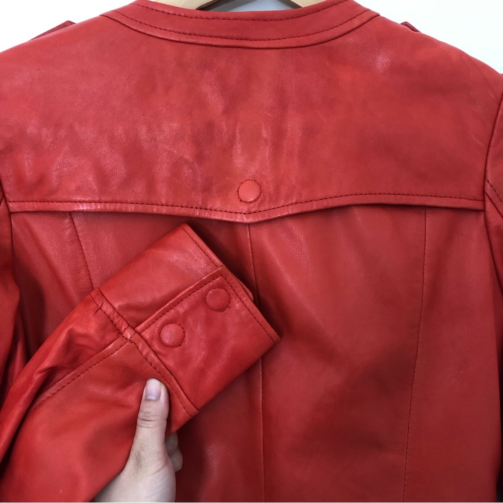 Velvet Heart Leather Jacket Womens Orange Red Collarless Zip Up Size S - Picture 3 of 8